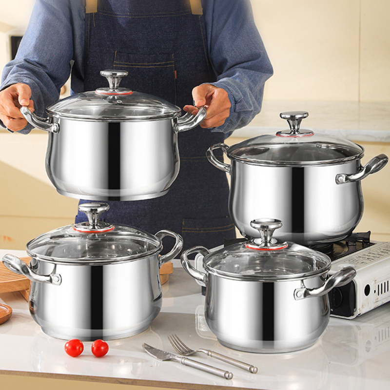 Ruiyou 12-dielna súprava hrncov z 201 nerezovej ocele s arkovitým dizajnom, s antiadhéznou úpravou a sklenenou pokrievkou; obsahuje telo hrnca a rukoväť; kompatibilná so všetkými typmi platní; model YF-8745, Ruiyou