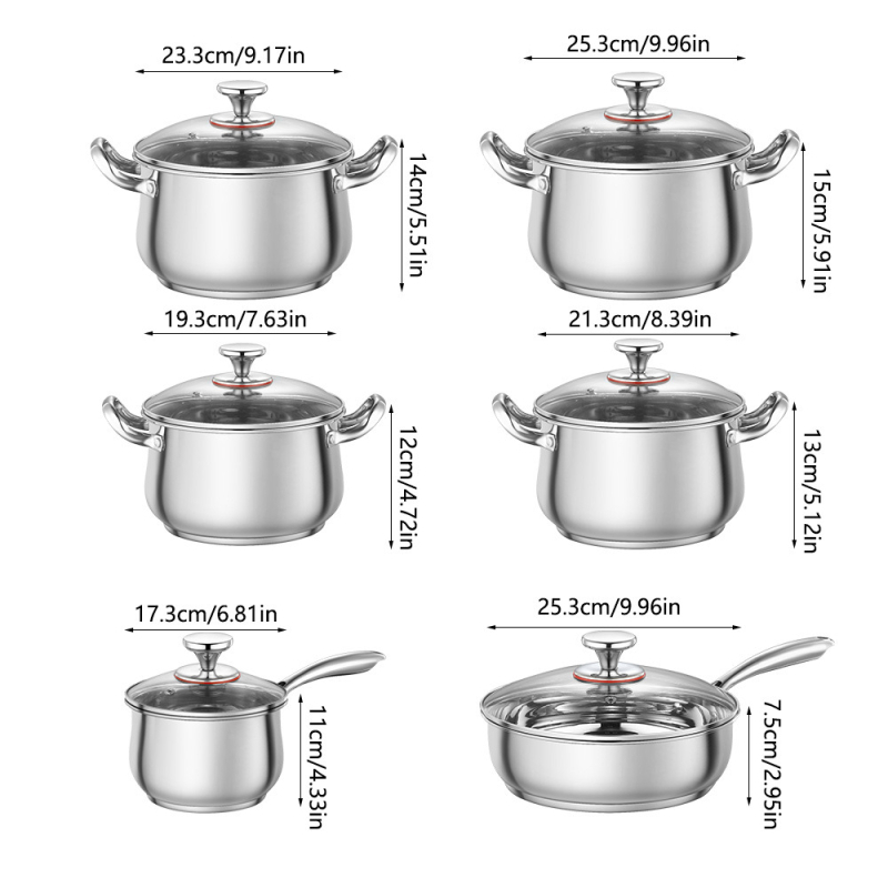 Ruiyou 12-dielna súprava hrncov z 201 nerezovej ocele s arkovitým dizajnom, s antiadhéznou úpravou a sklenenou pokrievkou; obsahuje telo hrnca a rukoväť; kompatibilná so všetkými typmi platní; model YF-8745, Ruiyou