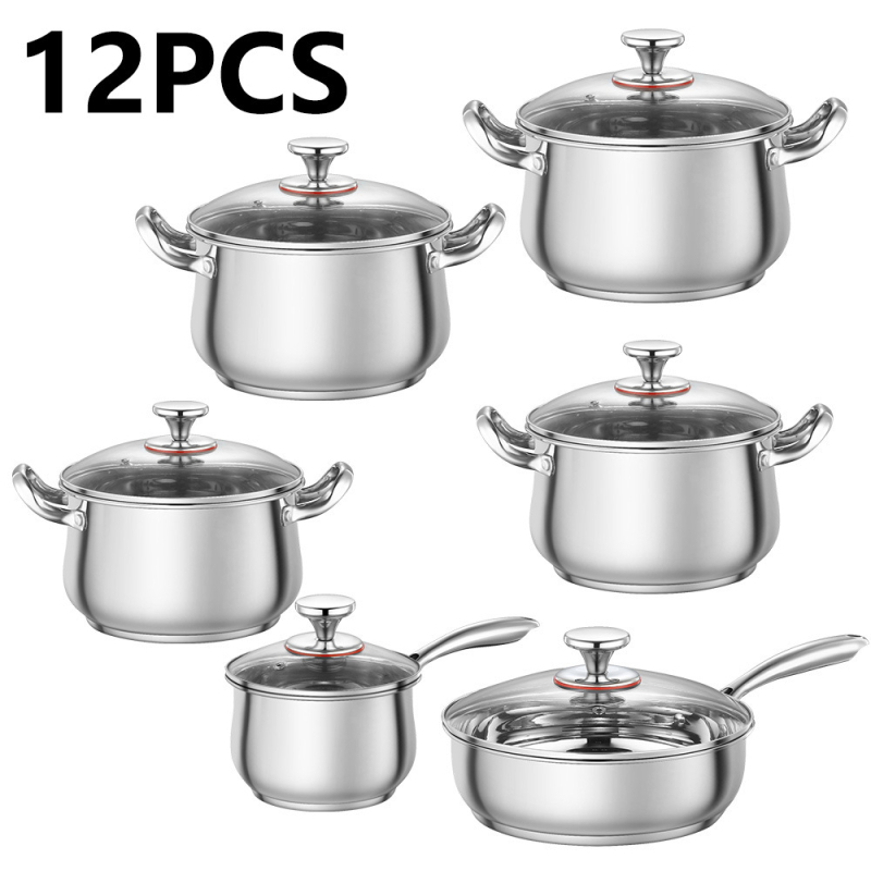 Ruiyou 12-dielna súprava hrncov z 201 nerezovej ocele s arkovitým dizajnom, s antiadhéznou úpravou a sklenenou pokrievkou; obsahuje telo hrnca a rukoväť; kompatibilná so všetkými typmi platní; model YF-8745, Ruiyou