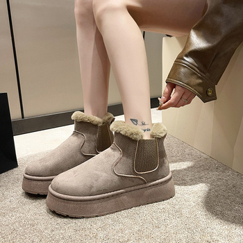 Ženske zimske čizme od velura, srednje visine potkoljenice, slip-on, topla podstava, gumeni potplat