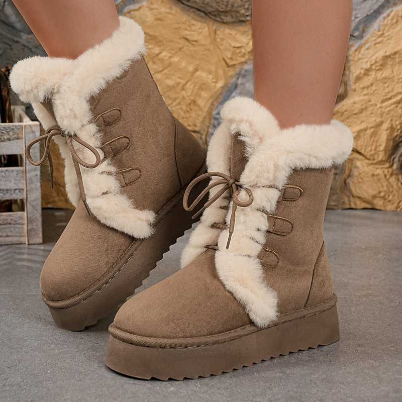 Ženske čizme za snijeg s vezicama – Zima 2025, gornji dio od velura, EVA potplat, srednja visina čizme, okrugli vrh, PU podstava