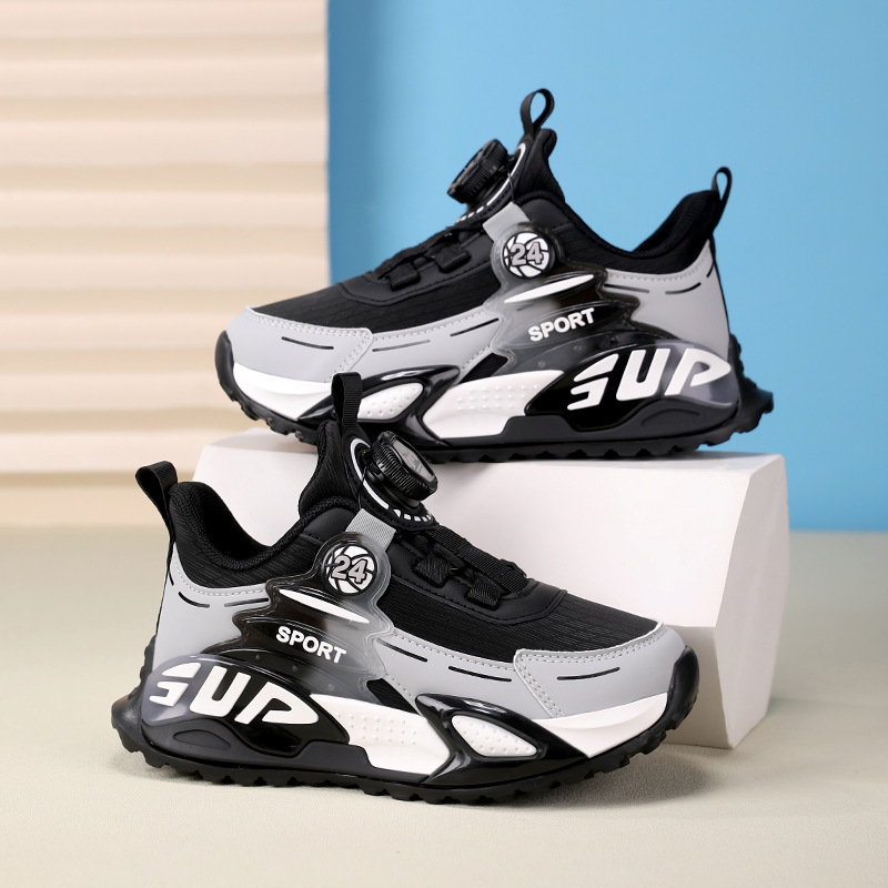 Pantofi de alergare pentru copii, unisex, partea superioară PU + plasă, respirabili, închidere cu buton rotativ, pentru vârste 4–16 ani