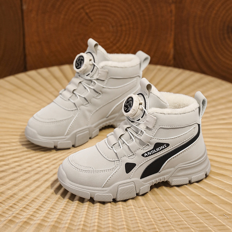 Ghete de iarnă pentru copii, unisex, căptușite cu fleece, panouri din piele, închidere cu bandă elastică, talpă PVC