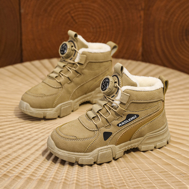 Ghete de iarnă pentru copii, unisex, căptușite cu fleece, panouri din piele, închidere cu bandă elastică, talpă PVC