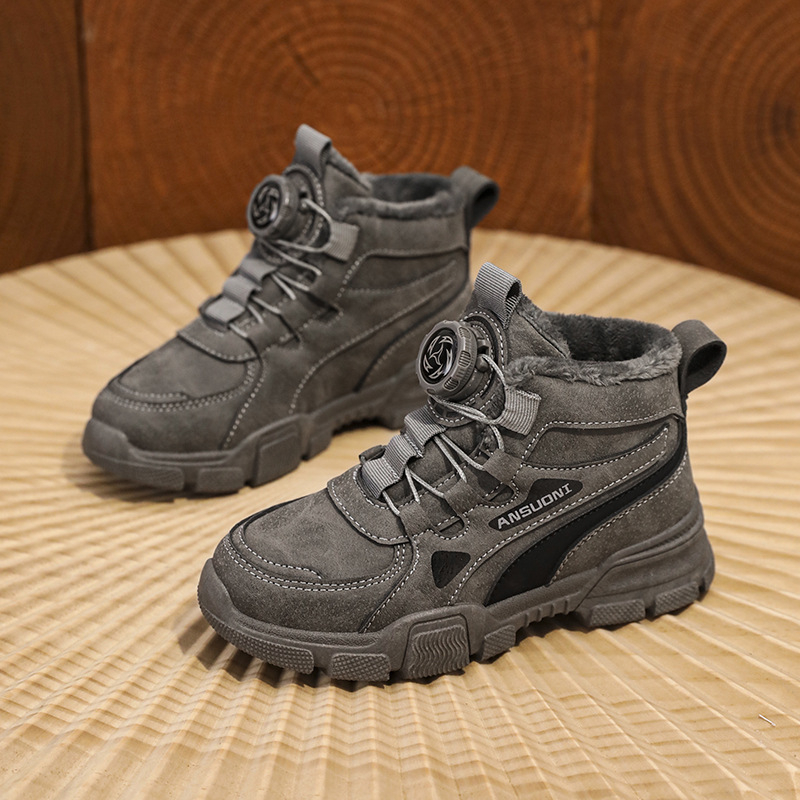 Ghete de iarnă pentru copii, unisex, căptușite cu fleece, panouri din piele, închidere cu bandă elastică, talpă PVC