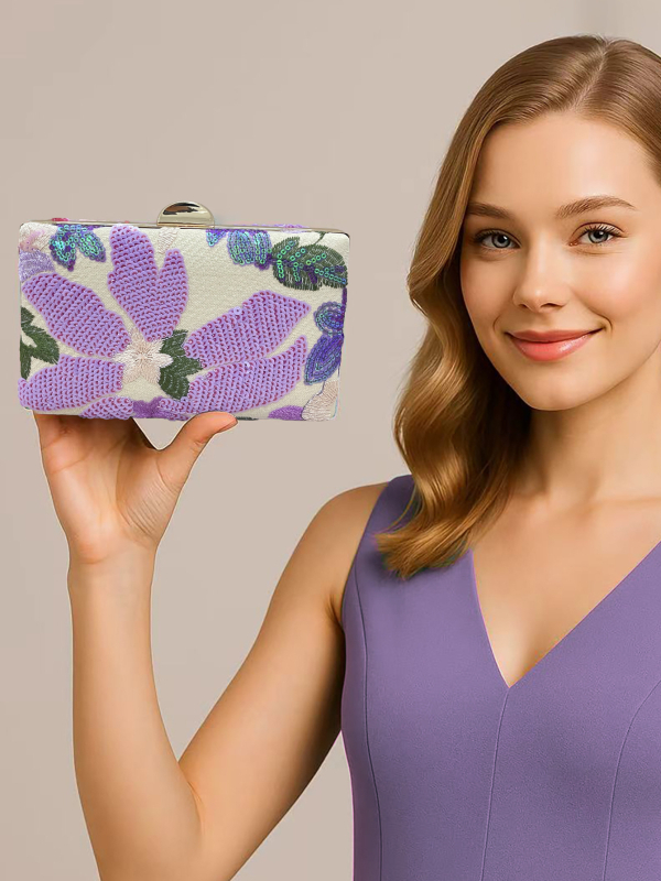 Clutch de seară cu broderie de paiete, formă pătrată-cutie, poliester, design exterior 3D, închidere cu cataramă, buzunar intern pentru telefon (toamnă 2025)