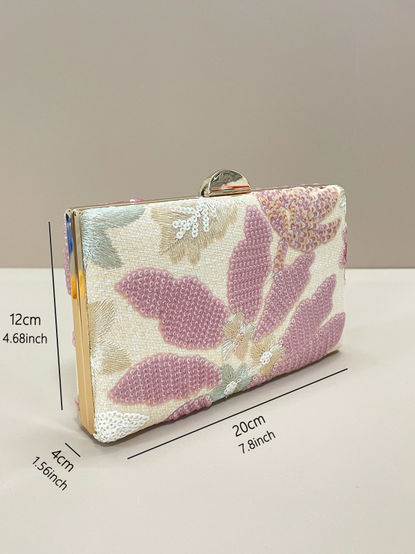 Clutch de seară cu broderie de paiete, formă pătrată-cutie, poliester, design exterior 3D, închidere cu cataramă, buzunar intern pentru telefon (toamnă 2025)