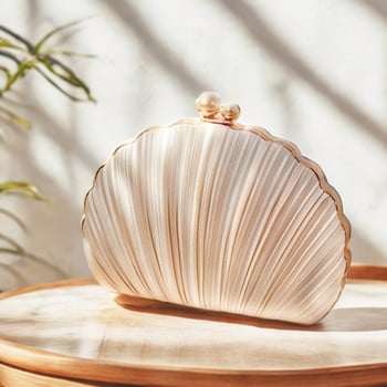 Clutch din mătase, în formă de scoică, cu căptușeală satinată, închidere cu lacăt, stil urban simplu