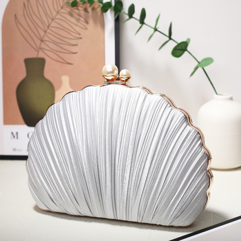Clutch din mătase, în formă de scoică, cu căptușeală satinată, închidere cu lacăt, stil urban simplu