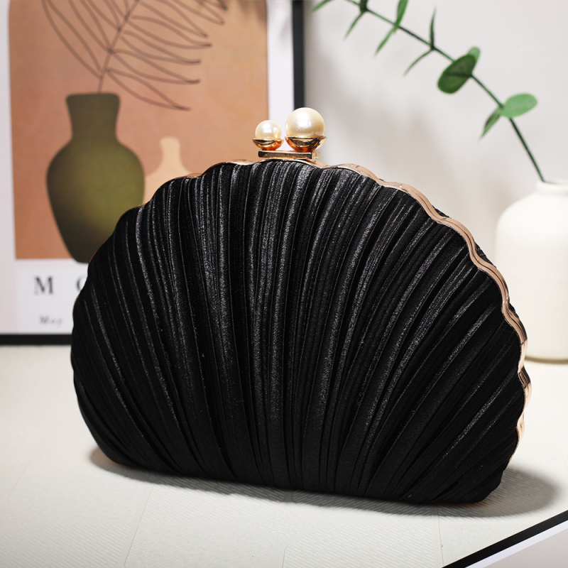 Clutch din mătase, în formă de scoică, cu căptușeală satinată, închidere cu lacăt, stil urban simplu