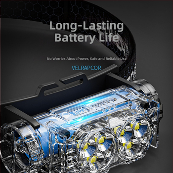 Čelovka s integrovanou veľkou kapacitou Li‑baterie, vodotesná, hmotnosť 97,5 g, elastický pás