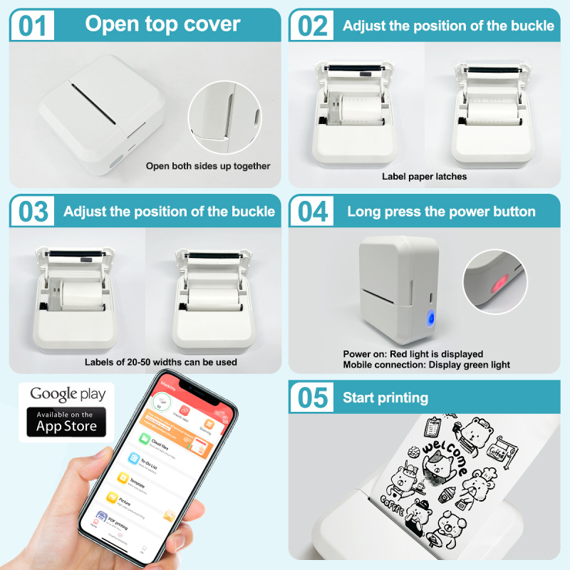 S2 Mini tlačiareň na štítky s Bluetooth, termálny papier, kompatibilný s iOS/Android, šírka tlače 20–57 mm