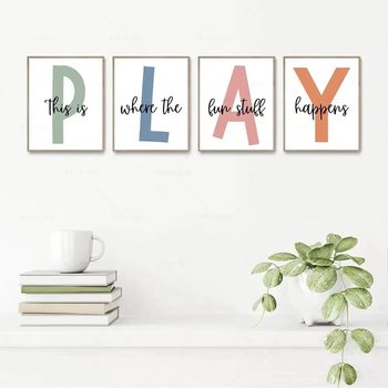 Decoratív obraz na plátne s anglickými písmenami PLAY pre detskú izbu, inkjet tlač, bez rámu, na mieru, zvislý obdĺžnik