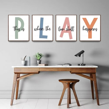 Decoratív obraz na plátne s anglickými písmenami PLAY pre detskú izbu, inkjet tlač, bez rámu, na mieru, zvislý obdĺžnik