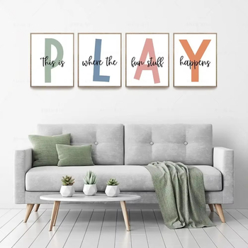 Decoratív obraz na plátne s anglickými písmenami PLAY pre detskú izbu, inkjet tlač, bez rámu, na mieru, zvislý obdĺžnik