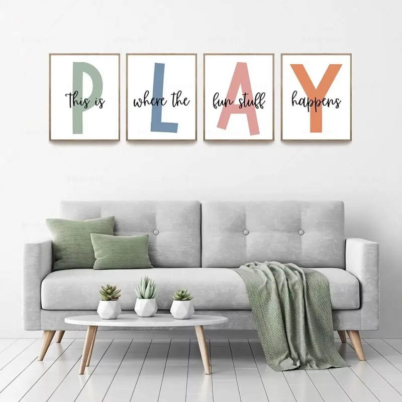 Decoratív obraz na plátne s anglickými písmenami PLAY pre detskú izbu, inkjet tlač, bez rámu, na mieru, zvislý obdĺžnik