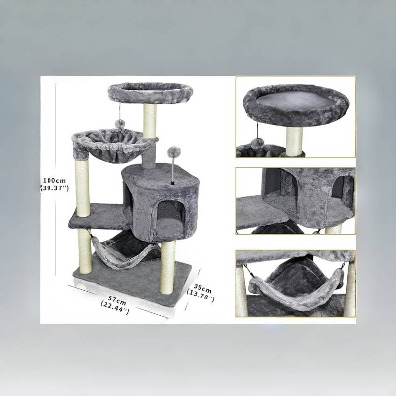 Structură de cățărare pentru pisici cu hamac, din lemn și sisal