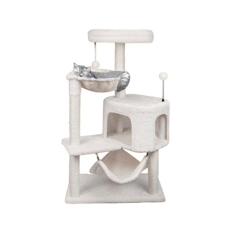 Structură de cățărare pentru pisici cu hamac, din lemn și sisal