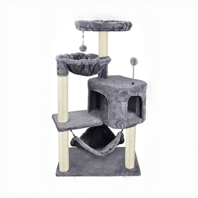 Structură de cățărare pentru pisici cu hamac, din lemn și sisal