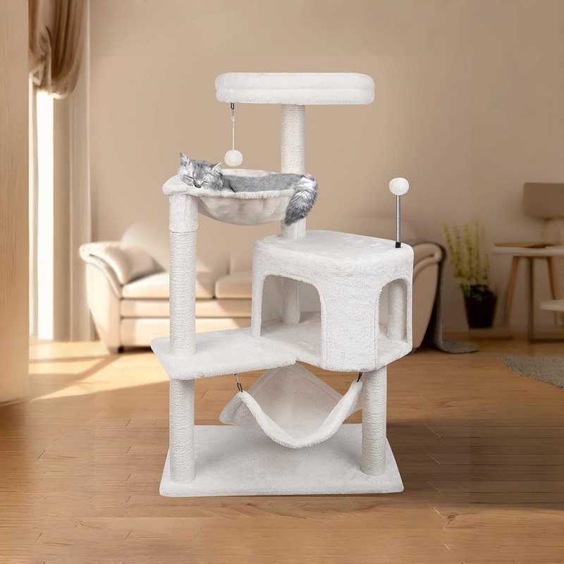 Structură de cățărare pentru pisici cu hamac, din lemn și sisal