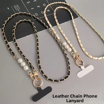 Perlový kožený reťazec na telefón cez rameno, ručne vyrobený, kovová spona