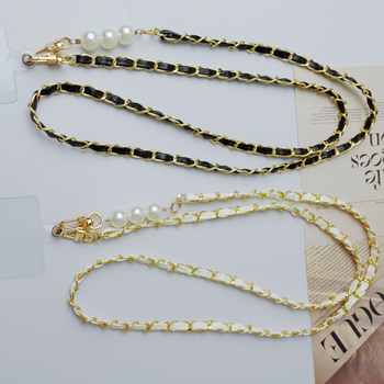 Perlový kožený reťazec na telefón cez rameno, ručne vyrobený, kovová spona