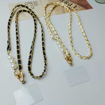 Perlový kožený reťazec na telefón cez rameno, ručne vyrobený, kovová spona