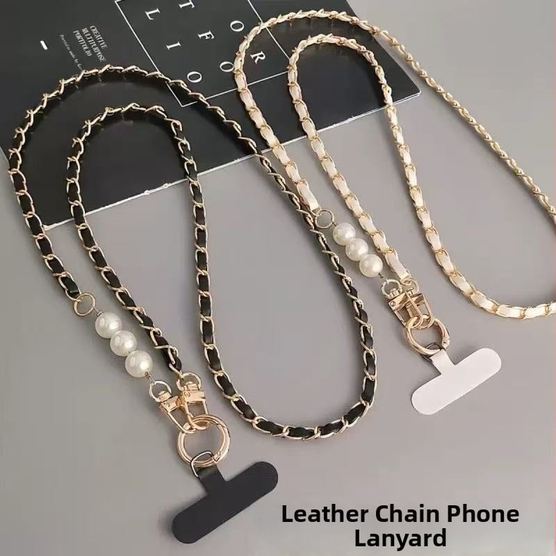 Perlový kožený reťazec na telefón cez rameno, ručne vyrobený, kovová spona