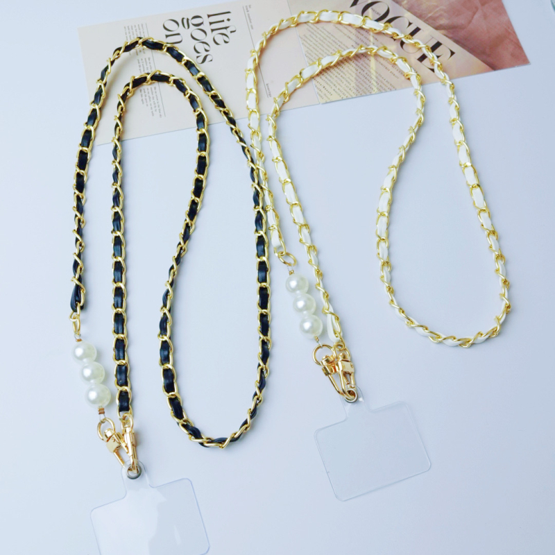 Perlový kožený reťazec na telefón cez rameno, ručne vyrobený, kovová spona