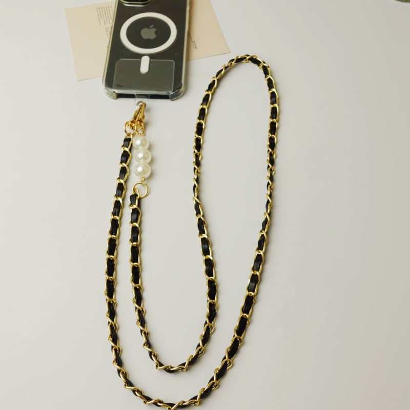 Perlový kožený reťazec na telefón cez rameno, ručne vyrobený, kovová spona