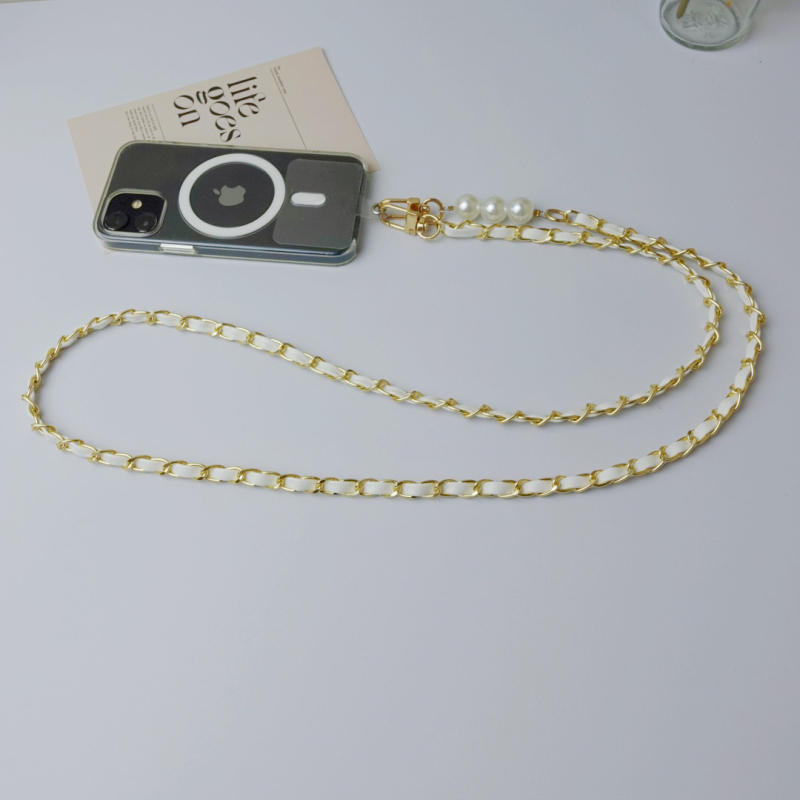 Perlový kožený reťazec na telefón cez rameno, ručne vyrobený, kovová spona