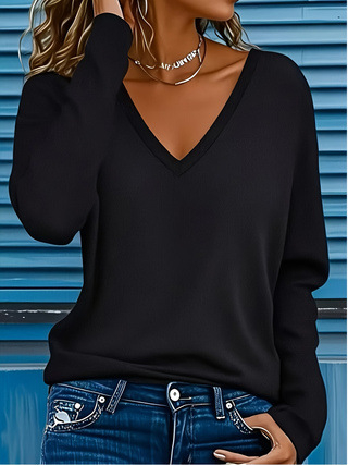 Tricou dama cu decolteu în V, mâneci lungi — poliester, model monocrom, lungime medie