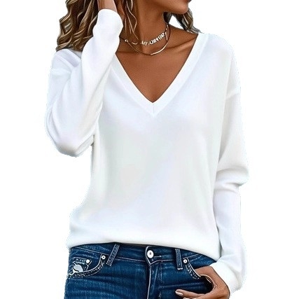 Tricou dama cu decolteu în V, mâneci lungi — poliester, model monocrom, lungime medie