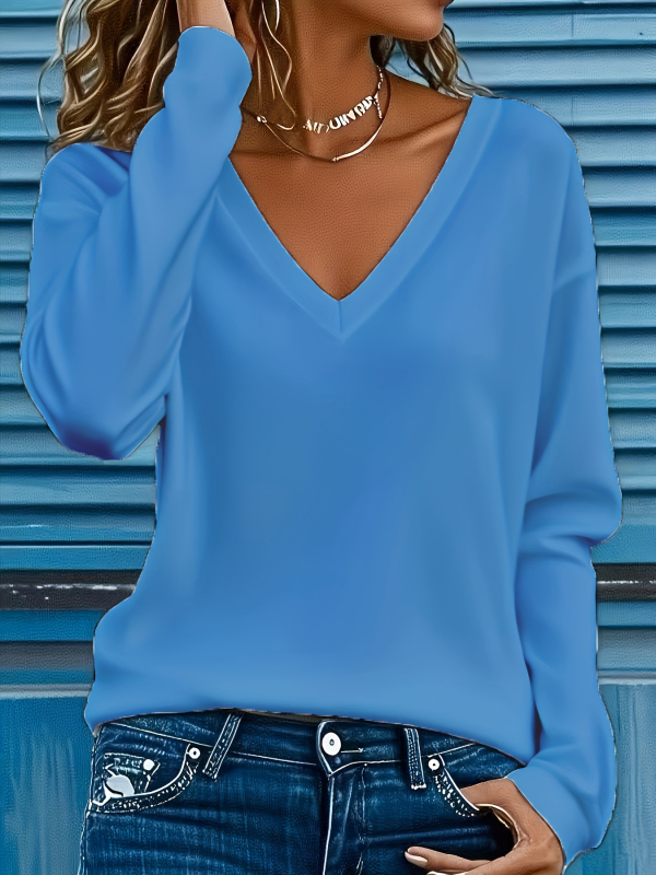Tricou dama cu decolteu în V, mâneci lungi — poliester, model monocrom, lungime medie