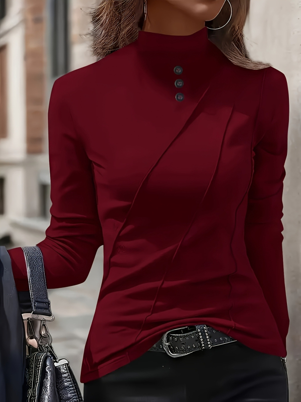 Pulover elegant cu mâneci lungi, guler înalt și nasturi decorativi, detaliu patchwork, material poliester, croială medie.