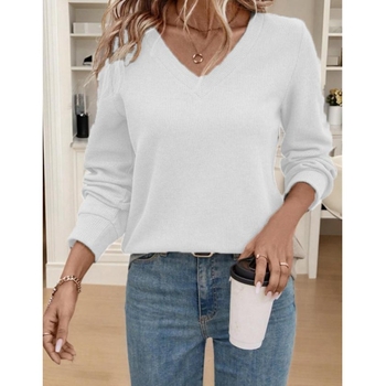 Дамски пуловер с дълъг ръкав и V-образно деколте, свободна кройка, полиестер, градски стил