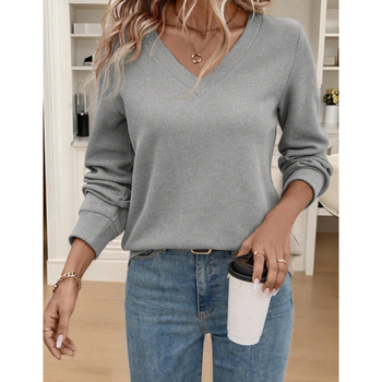 Дамски пуловер с дълъг ръкав и V-образно деколте, свободна кройка, полиестер, градски стил