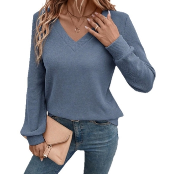 Дамски пуловер с дълъг ръкав и V-образно деколте, свободна кройка, полиестер, градски стил