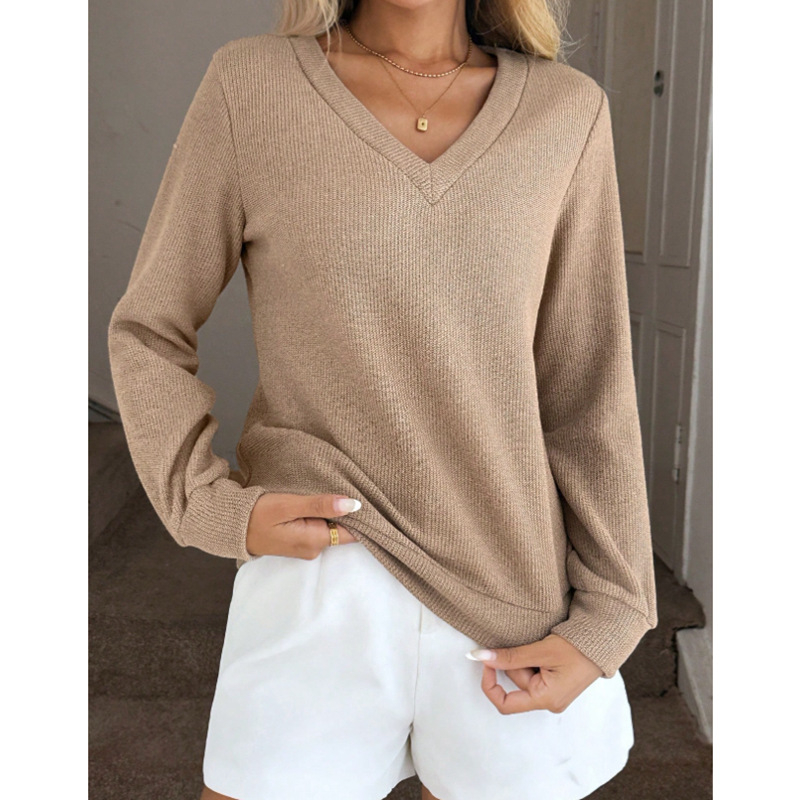 Дамски пуловер с дълъг ръкав и V-образно деколте, свободна кройка, полиестер, градски стил