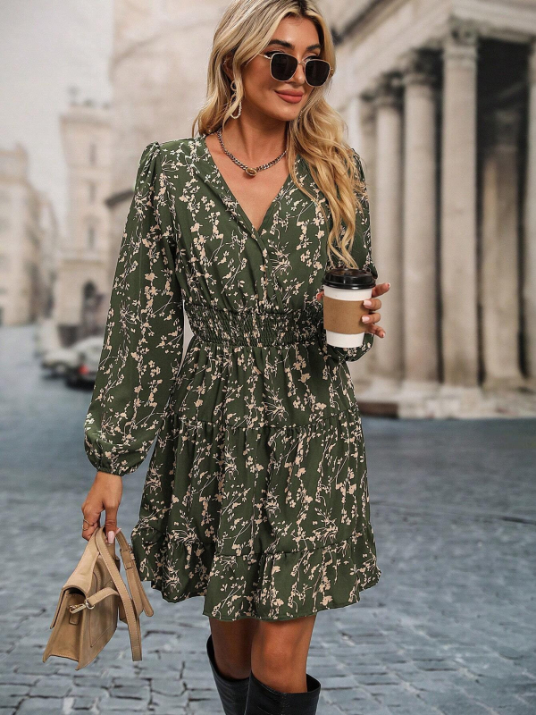 Платье midi от полиэстър с флорален принт, ръкави фенерче, V-образно деколте