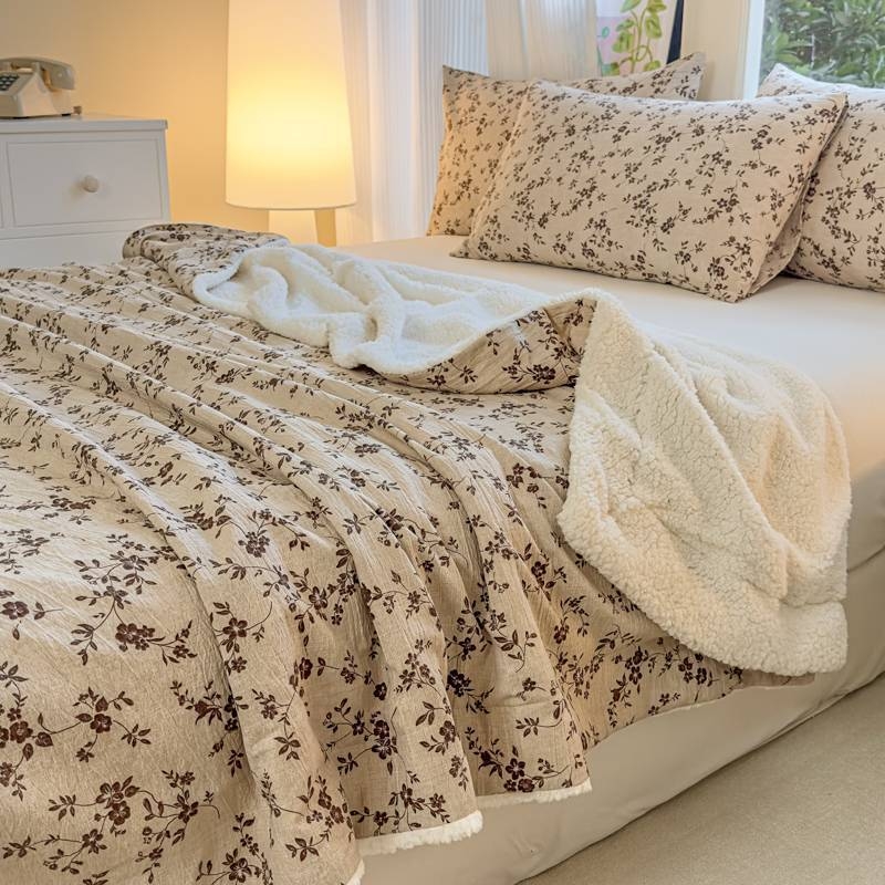 Двоен слой агнешко пухено одеяло за новородени – прост модернен стил, 3000 g+, за пролет и есен