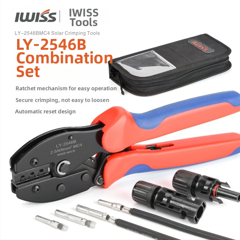 MC4 krimpovacie kliešte LY-2546B pre solárne konektory 2,5–6 mm², IWISS, vysokouhlíková oceľ, hmotnosť 450 g