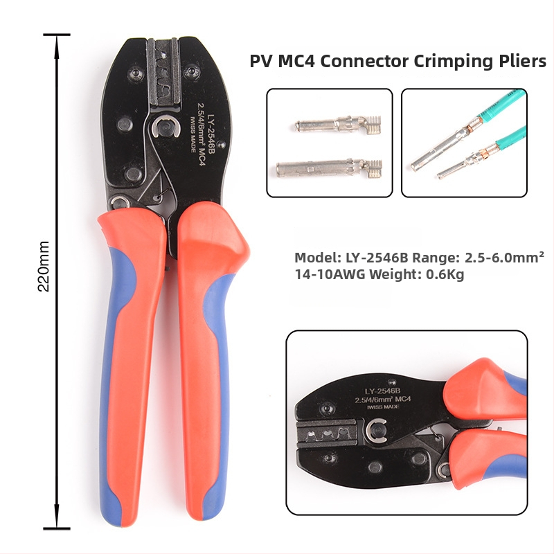 MC4 krimpovacie kliešte LY-2546B pre solárne konektory 2,5–6 mm², IWISS, vysokouhlíková oceľ, hmotnosť 450 g