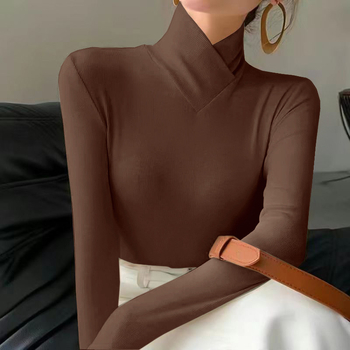 Γυναικείο τοπ με Derong βελούδινο ύφασμα, ψηλός γιακάς, μακρυμάνικες, στενή γραμμή, ύφανση πολυεστερ-ελαστάνης