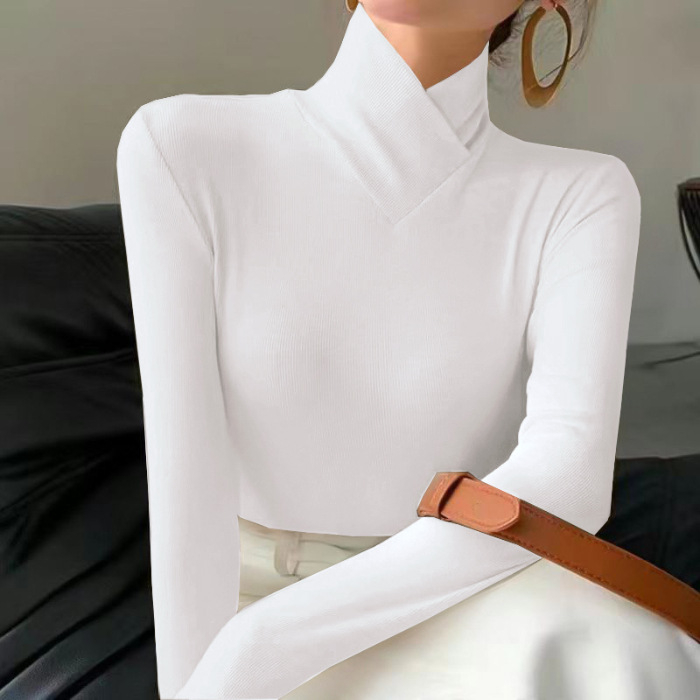 Γυναικείο τοπ με Derong βελούδινο ύφασμα, ψηλός γιακάς, μακρυμάνικες, στενή γραμμή, ύφανση πολυεστερ-ελαστάνης