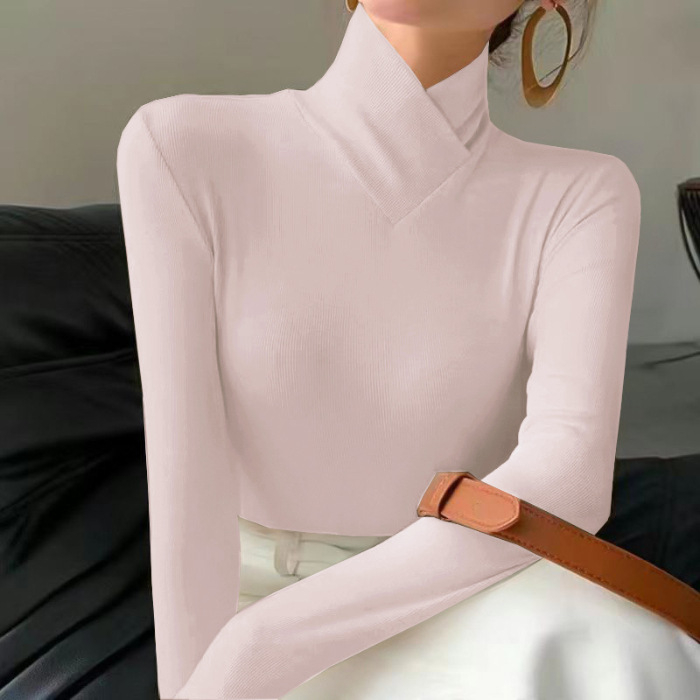 Γυναικείο τοπ με Derong βελούδινο ύφασμα, ψηλός γιακάς, μακρυμάνικες, στενή γραμμή, ύφανση πολυεστερ-ελαστάνης