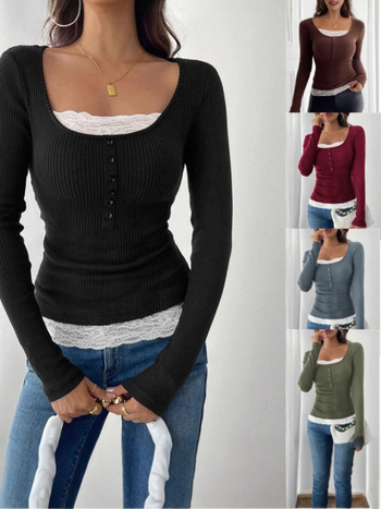 Дамска тениска с дълги ръкави, рибена плетка, патчворк, кръгло деколте, Слим Фит