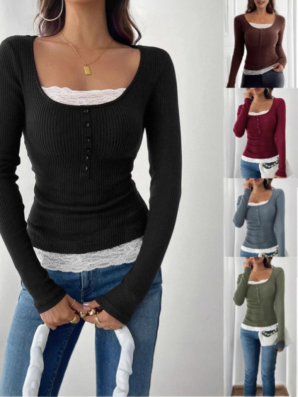 Дамска тениска с дълги ръкави, рибена плетка, патчворк, кръгло деколте, Слим Фит