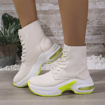 Мартин ботуши със наклонен ток, средна височина на голенището, кръгла пръст, връзки, синтетична кожа