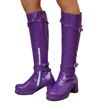 Uniszex divatcsizma lakkozott bőrfelsővel, kerek orrú, gumírozott talp, vastag sarok, oldalsó cipzár